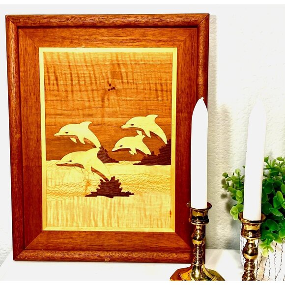 Wooden Marquetry Inlay Four Jumping Dolphins Wall Hanging 15 x 12 Inches - Picture 4 of 8